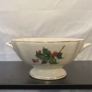 Teleflora Bowl on Pedestal Holly Berries Kitchen Dining‎ Christmas Collectible